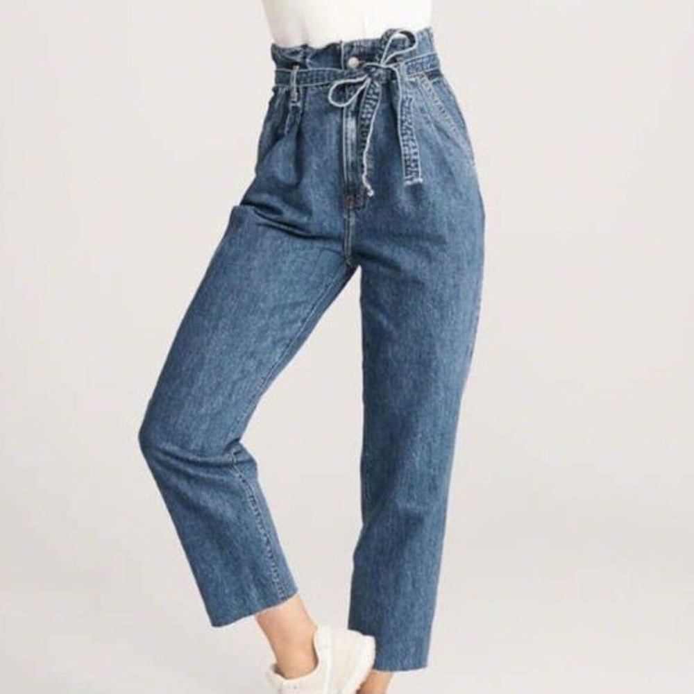 Abercrombie & Fitch Paper Bag Tie Waist Mom Jeans, Light Wash